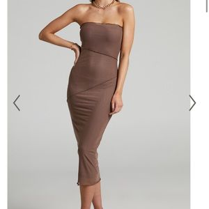 Showpo BRUNETTA STRAPLESS MESH MIDI DRESS IN MUSHROOM